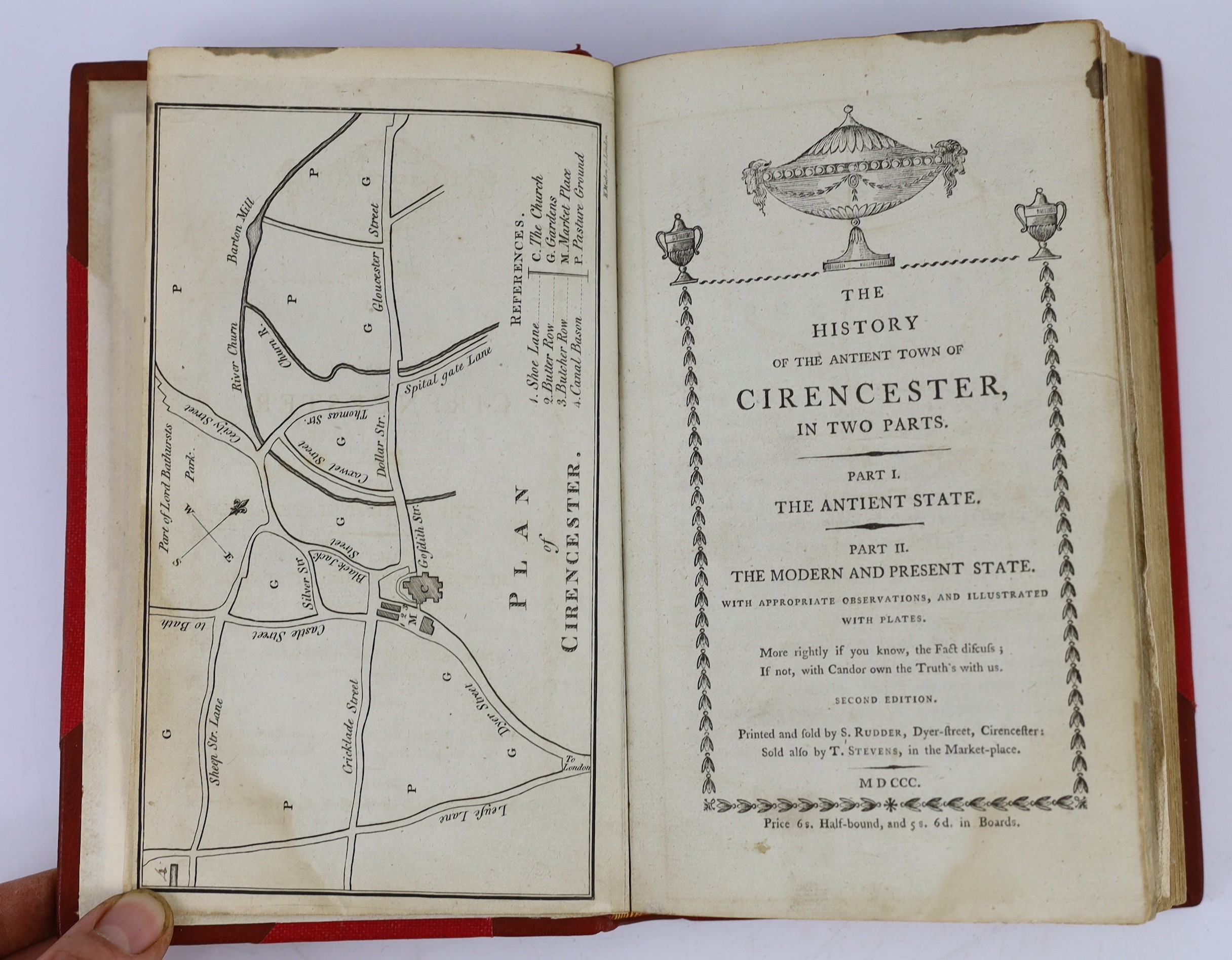 GLOUCS: (Rudder, Samuel) The History of the Ancient Town of Cirencester ... title within decorated border, 3 plans (2 pictorial and folded) and 6 plates (3 folded, 1 hand coloured); 20th cent. red half morocco and cloth